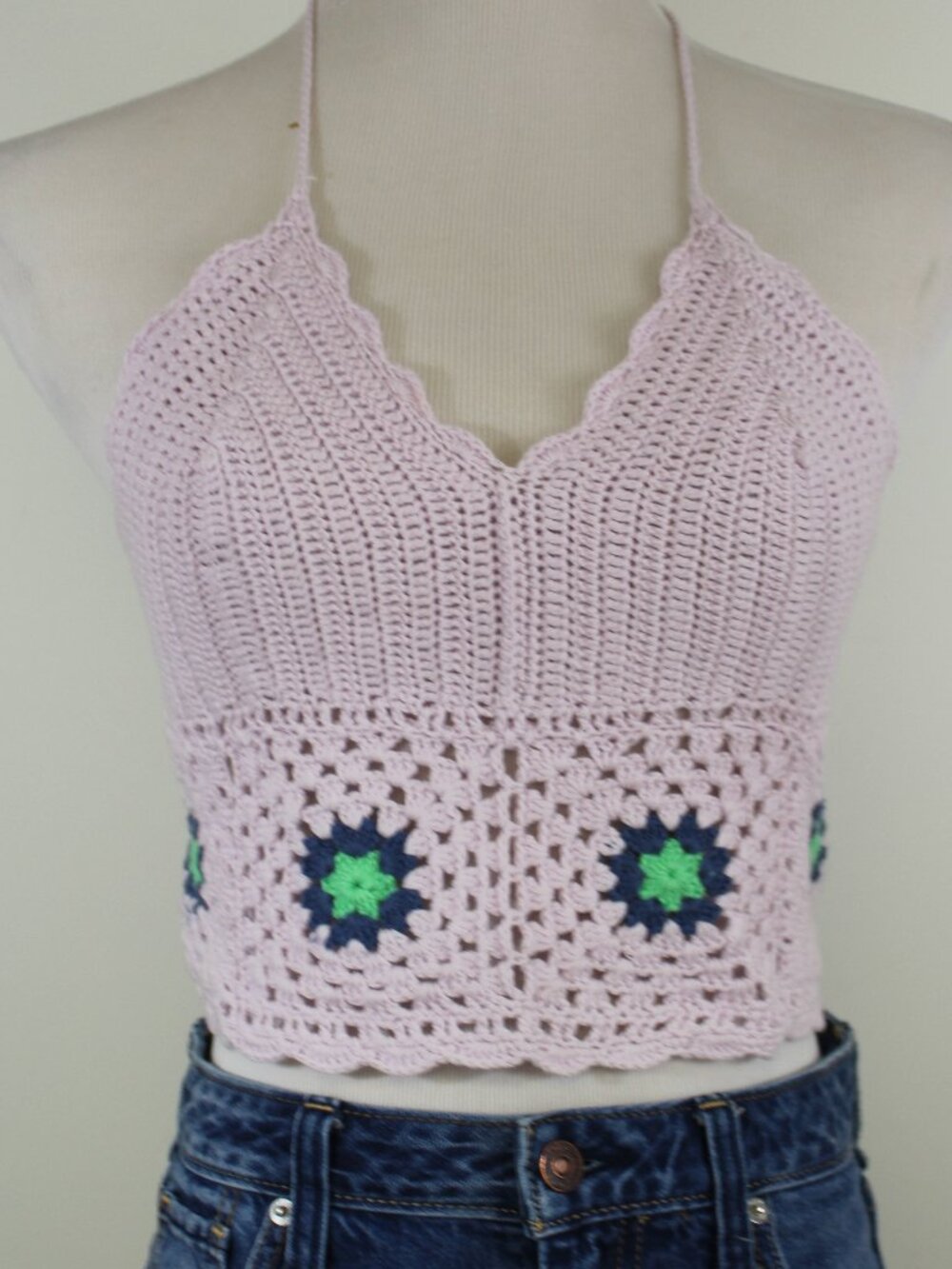 Aerie Crochet Halter Crop Top Small Lilac Boho Granny Square Festival